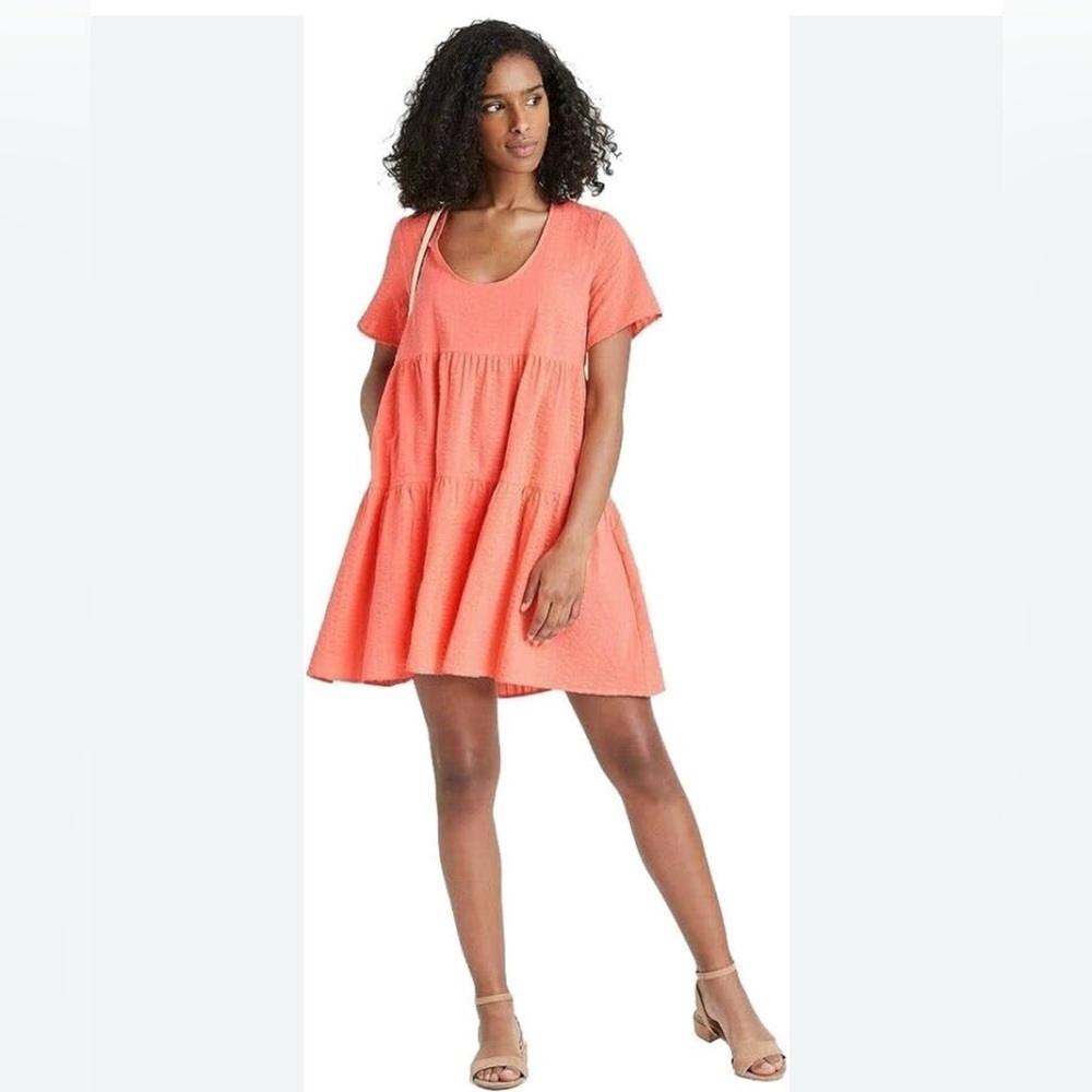 A New Day Babydoll Mini Dress Coral Peach Tiered Cotton Boho Cottagecore NWT XS